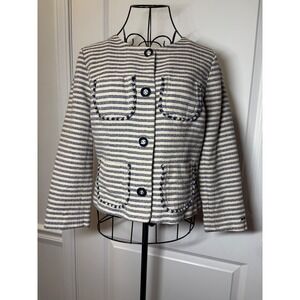 Tommy Hilfiger Womens Navy Blue Cream Striped Tweed Blazer Jacket